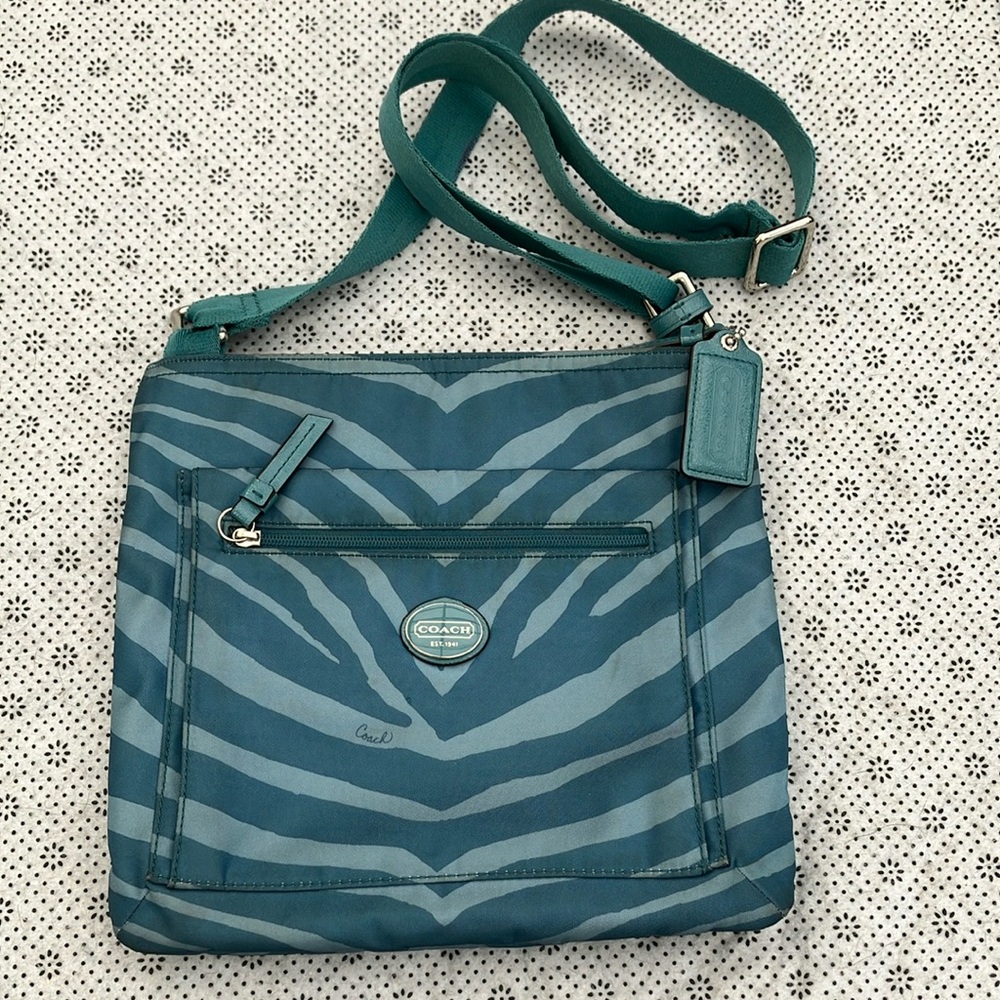 Coach Getaway Teal Zebra Nylon Tote F77541